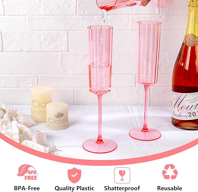 YOUBET 36 Pack Pink Champagne Flutes Plastic - 6 Oz Flower Wavy Champagne Plastic Glasses - Heavy Duty Vintage Disposable Flutes for Wedding Party Birthday Anniversary Valentines Day