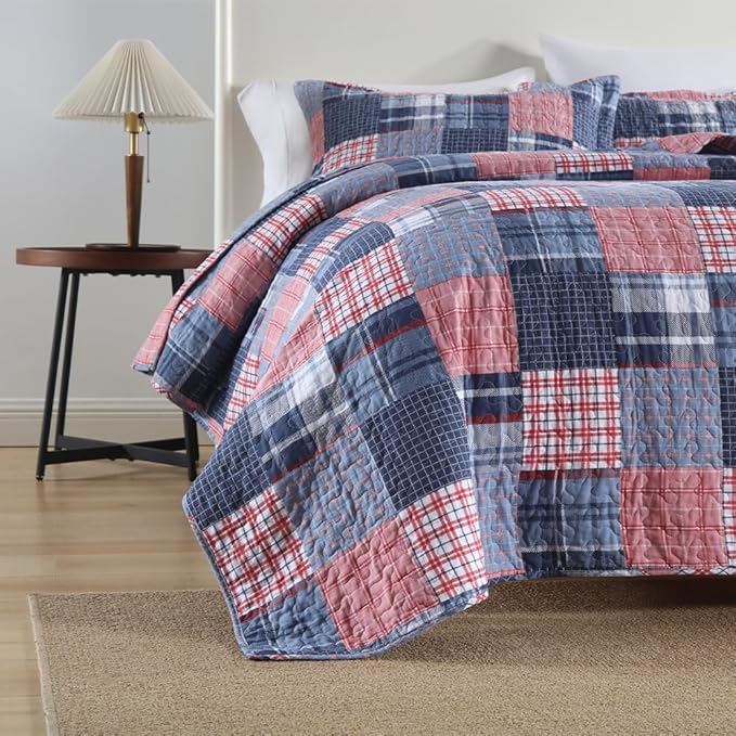 Cotton Bedding Quilt Sets Reversible All Season Real Patchwork Coverlet Sets All Season Blue Bedspread, Houndstooth Plaid Pattern, Queen Size