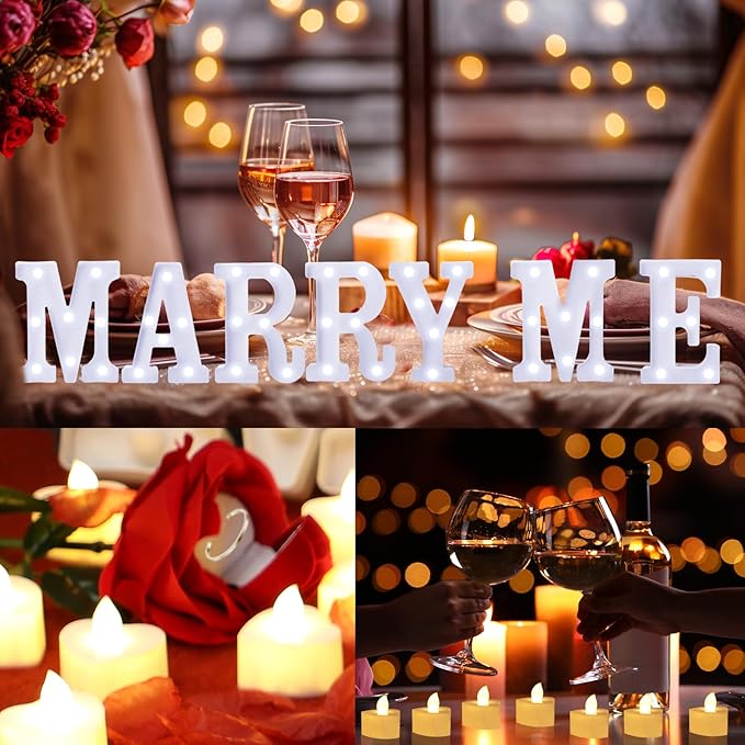 Marry Me Light Up Letters Proposal Decorations Marry Me Sign 24 LED Candles 2000 Rose Petals 10 Foil Balloon 10ft Carpet Runner Rose Ring Box for Valentine's Day Wedding Proposal Engagement (White)
