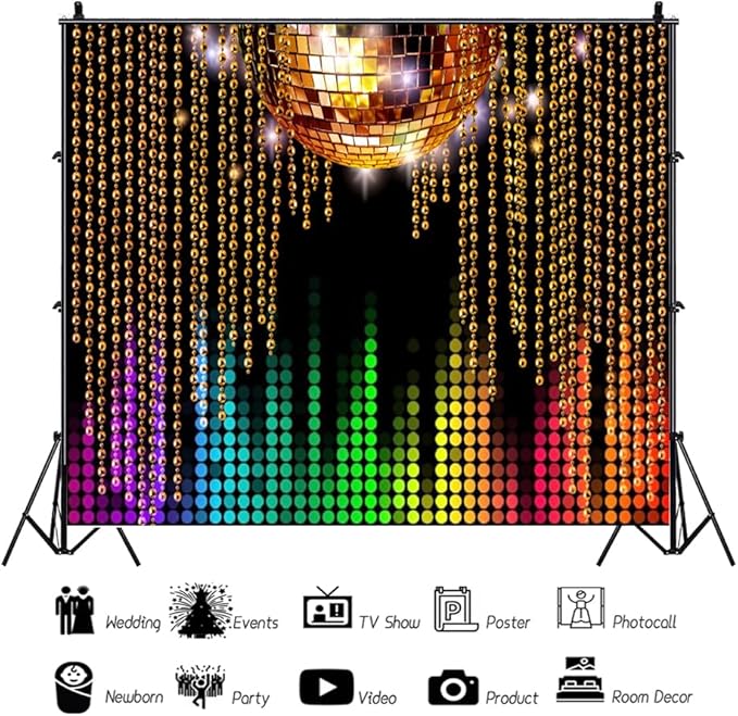 Disco Backdrop 10x8ft Golden Glitter Disco Ball Photo Background for Photography 70s 80s 90s Theme Party Decorations Birthday Wedding Cake Table Banner Photo Booth Props