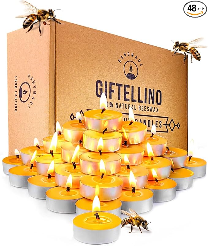 100% Pure Beeswax Tealight Candle Set of 48-3 Hours Lasting Smokeless Tealight Candles - Cotton Wick - Unscented Tea Light Candles - Candle Lover Gift