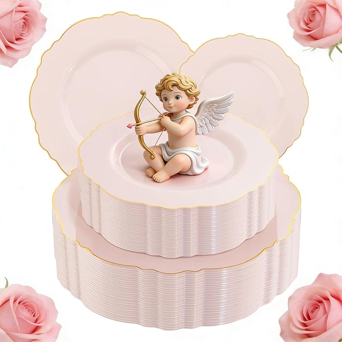 WDF 100pcs Pink Plastic Plates - High-end Baroque Design - Pink and Gold Plates for Upscale Party & Valentine's Day - Including 50 Disposable Plate 10.25inch, 50Salad Plate 7.5inch