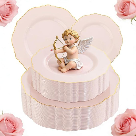 WDF 100pcs Pink Plastic Plates - High-end Baroque Design - Pink and Gold Plates for Upscale Party & Valentine's Day - Including 50 Disposable Plate 10.25inch, 50Salad Plate 7.5inch