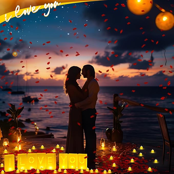 6080 Pcs I Love You Light up Letters with LED Flameless Tealight Candle Red Rose Petal Letter Luminary Paper Bag for Valentine's Day Decorations Anniversary Proposal Romantic Special Night Decor