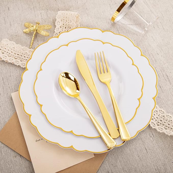 Morejoy 175PCS Gold Plastic Plates，White Gold Disposable Plates with Pre Rolled Napkins:25 Dinner Plates,25 Dessert Plates,25 Spoons,25 Forks,25Knives,25Cups,25Napkins for Party & Christmas
