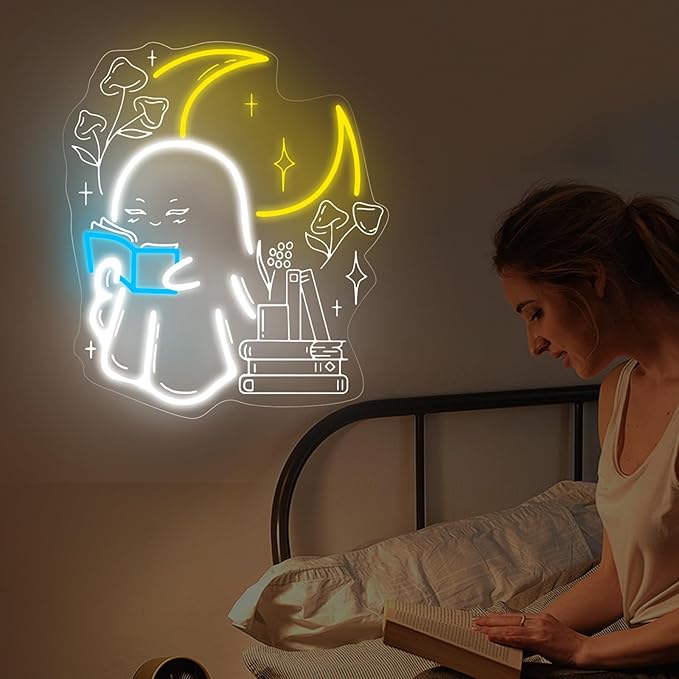 Ghost Reading Book Neon Sign Boo Reading Books Bedroom LED Lights Wall Decoration Neon Sign Decoration, Gift for Bookworm, 14.8"x13", Ice Blue