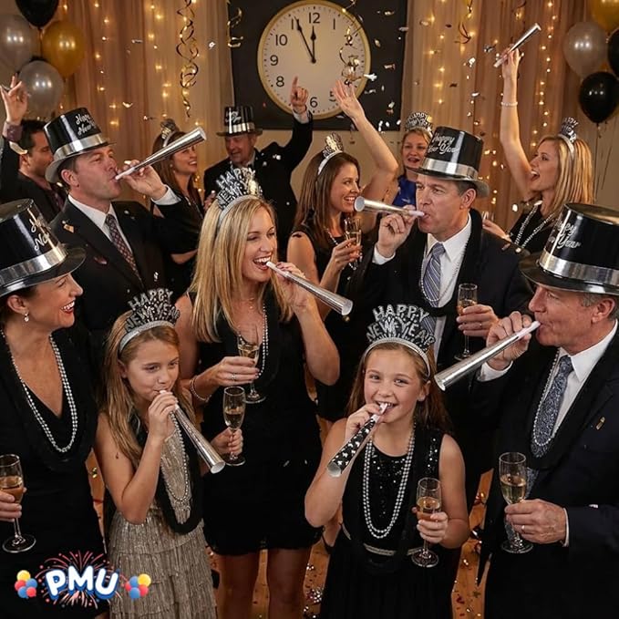 PMU New Year's Eve Party Supplies New Year's Eve Decorations Supplies, 2026 Silver Legend Illusion Party Kit Assortment for 10 Persons - Outfits for Adults, Men and Women (10/psn) Pkg/1