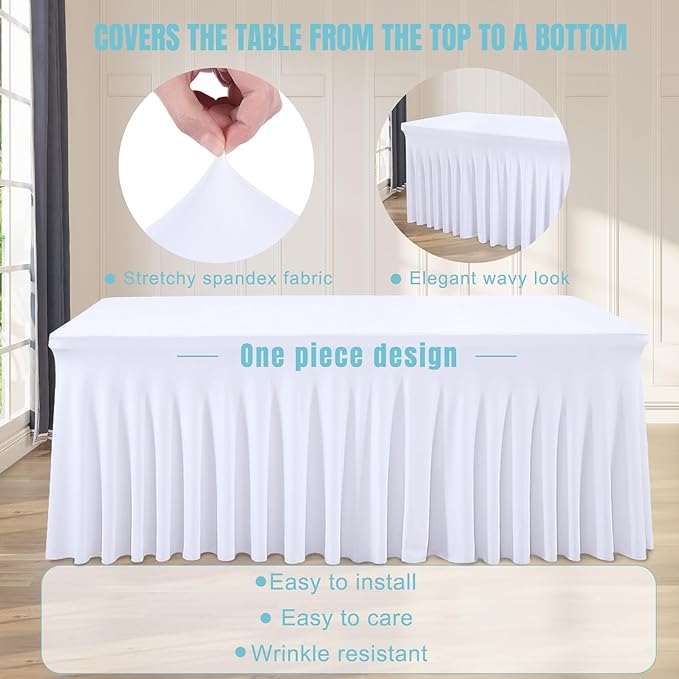 4 Packs White Tableclothes for 6 Foot Rectangle Tables, Wrinkle Resistant Fitted Table Cloth Stretch Spandex Table Covers with Skirt for Event Banquet Wedding Birthday Party