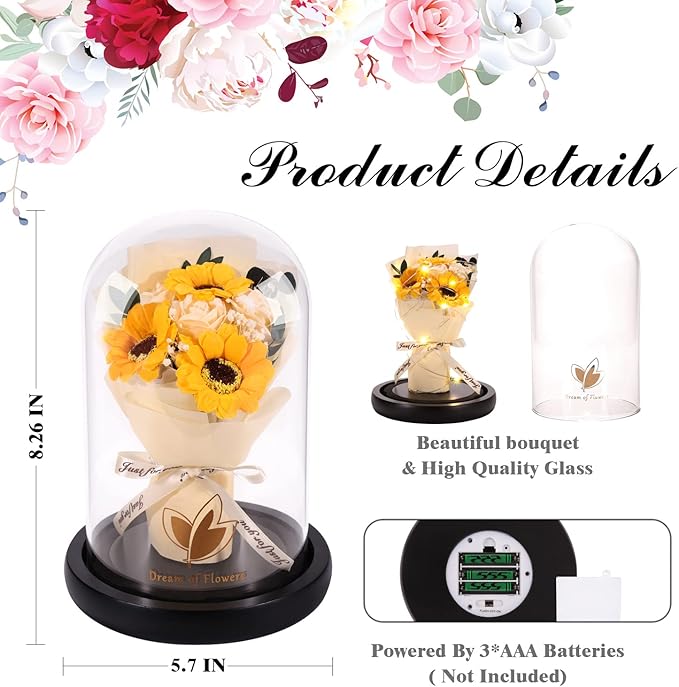 Valentines Day Gifts for Her,Flower Rose in Glass Dome with 2 Lighting Mode,Sunflower Gifts for Mom,Artificial Forever Flowers Xmas Birthday Gifts for Women Mom Wife Girlfriend Sister Friend