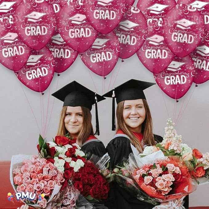 PMU 100 Pcs Crystal Burgundy Graduation Balloons Class of 2025 with All-Over Print White Grad Caps-Confetti and Streamers | Graduation Party Supplies | Congratulations Grad Latex Balloons Latex