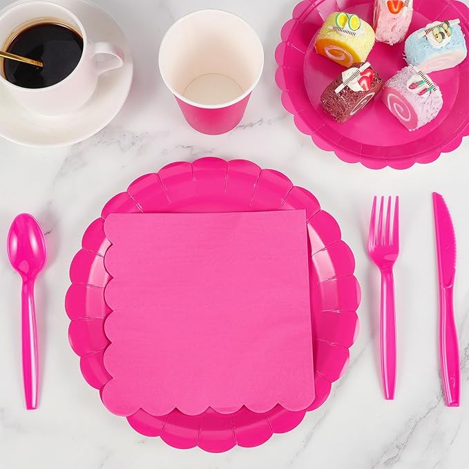 350 Pcs Hot Pink Paper Plates and Napkins, 50 Guest Hot Pink Party Supplies Include Scalloped Plates Napkins Cups Plastic Cutlery for Baby Shower,Birthday,Bridal Shower