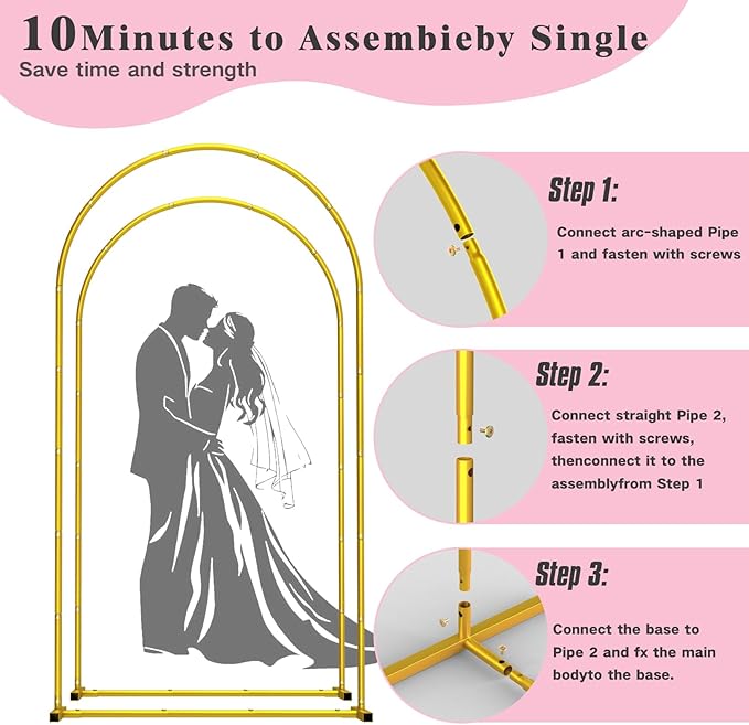 Gold Metal Wedding Arch Backdrop Stand Set of 2 (7.2FT & 6FT), Balloon Arch Stand for Wedding Ceremony, Baby Shower, Birthday Party, Graduation Decoration Easy to Assemble, Indoor Outdoor Use