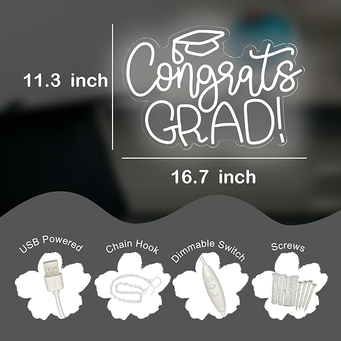 Congrats Grad Neon Sign - 11.3 * 16.7 Inch White Adjustable LED Graduation Decorations for Class of 2026 Party Room Dorm Backdrop Celebration Gifts Graduation Gift