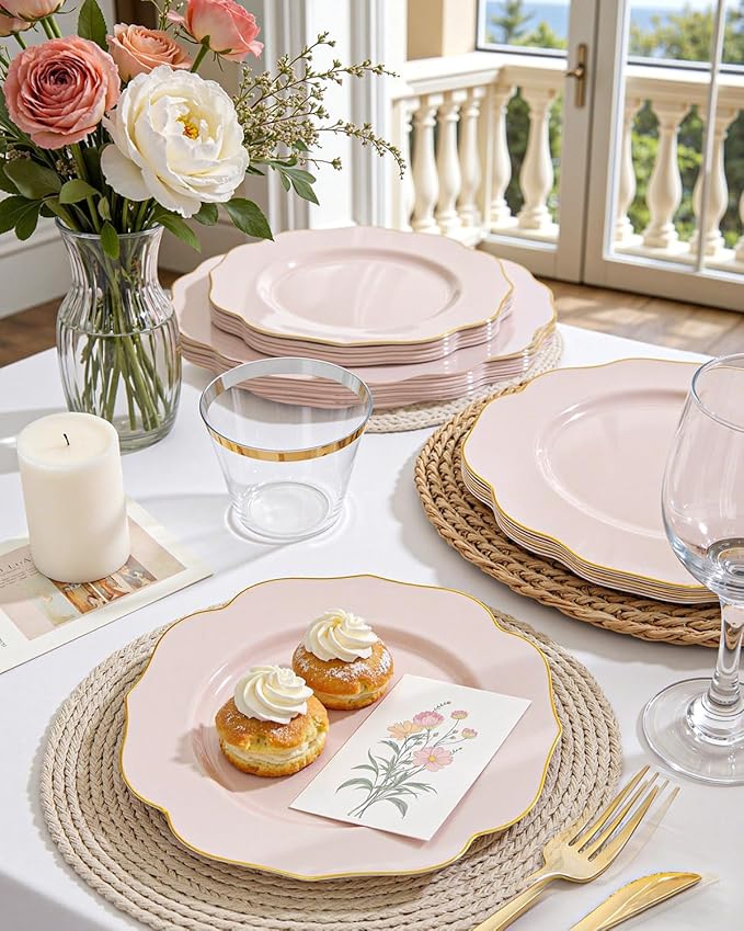 bUCLA 180PCS Pink Plastic Plates - Pink with Gold Rim Disposable for Party Include 30 Each (Dinner & Dessert) Plates, 30 Knives, 30 Forks, 30 Spoons, 30 Cups for Wedding, Birthday & Shower