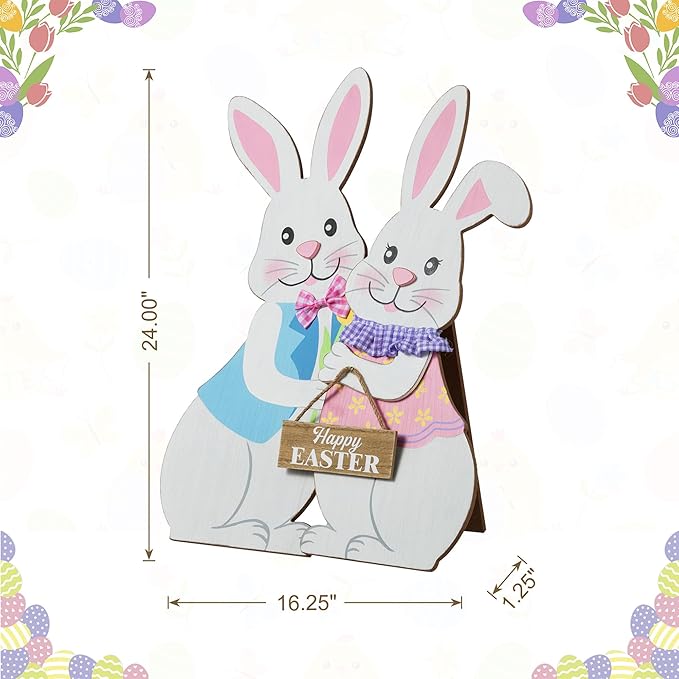 Glitzhome Set of 2 24"H Easter Wooden Bunny Porch Decor,Vertical Welcome Sign for Front Door Outdoor Spring Easter Party Decor