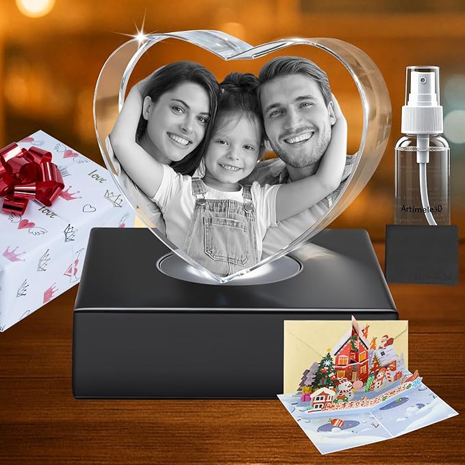 Custom 3D Crystal Photo Heart Medium – Premium: Multicolor LED Base, Gift Wrap & 3D Card; Ready to Gift for Couples