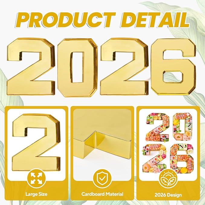2026 Set Cardboard Number for Charcuterie 10.2'' Gold Fillable Tray Charcuterie Paper Box for Graduation Anniversary Birthday New Year Party Decorations Chocolate Cookies Goodie Cupcake Box
