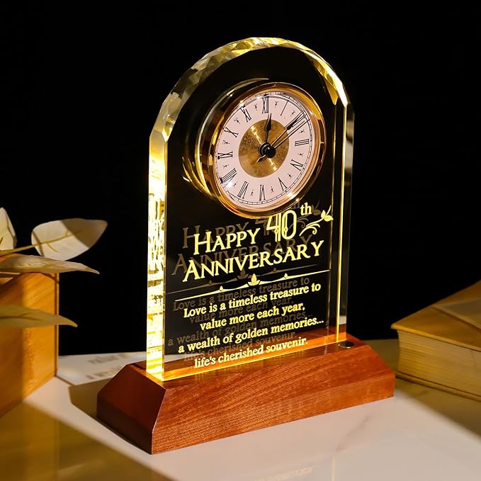 YWHL 40th Wedding Anniversary Clock Gifts for Parents, 40 Years Anniversary Romantic Gift for Couples, Table Clock Glass Presents with Wooden Light Base for Home Decoration (Battery not Included)
