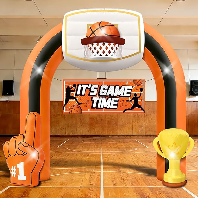 9 FT Giant Basketball Inflatable Arch, Game Day Blow up Basketball with 1 Blower Built-in 5LED Lights and 2 Banners for Team Coach Stadium Basketball Yard Outdoor Party Decorations