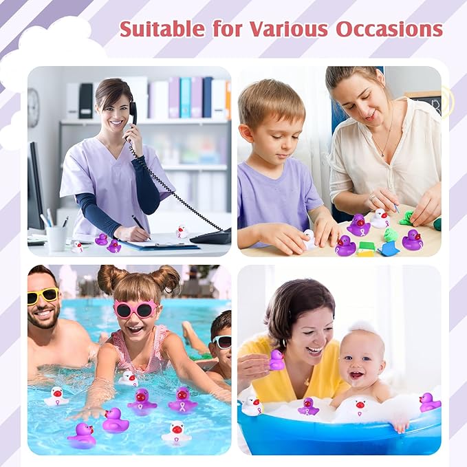 200 Pcs Purple and White Rubber Ducks Cervical Health Alzheimers Awareness Product Domestic Violence Awareness Ribbon Duck Float Mini Bath Toy Bulk Pancreatic Cancer for Charity Event Supplies
