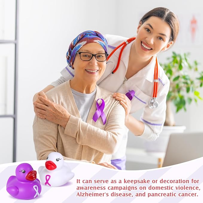 200 Pcs Purple and White Rubber Ducks Cervical Health Alzheimers Awareness Product Domestic Violence Awareness Ribbon Duck Float Mini Bath Toy Bulk Pancreatic Cancer for Charity Event Supplies