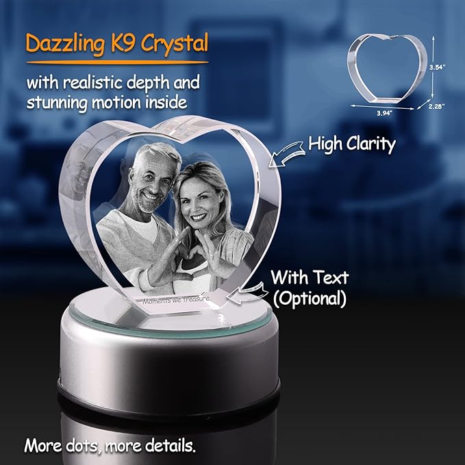 3D Crystal Photo, Personalized Valentine’s Day Gift. Custom Gifts for Wife, Her, Him, Husband, Mom and Dad. Custom Picture Gifts for Anniversary and Birthday. Romantic Crystal Photo Keepsake (Medium Heart）