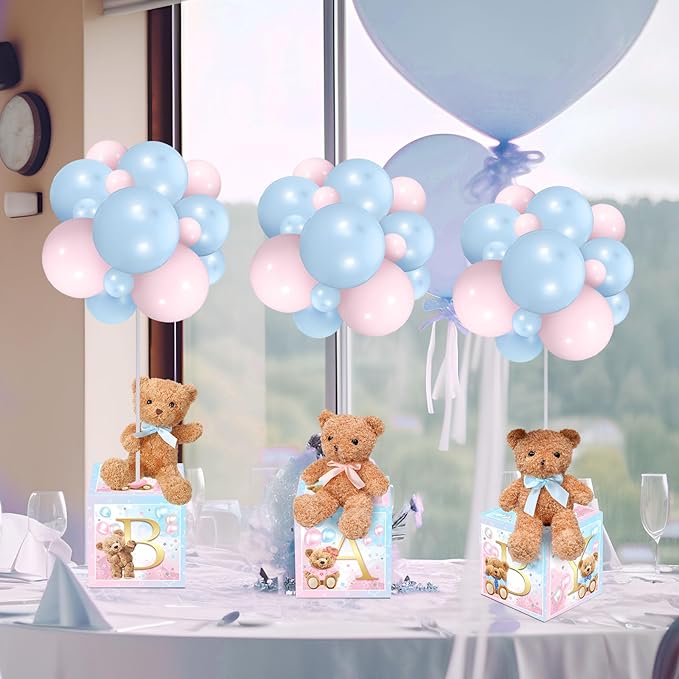 Lenwen 6 Sets Baby Letter Boxes Decorations Table Centerpieces for Baby Shower Gender Reveal,Bear Stuffed Animals Balloon with Stand Plush Toy Boxes for Birthday Party Wedding(Bear,Pink Blue)