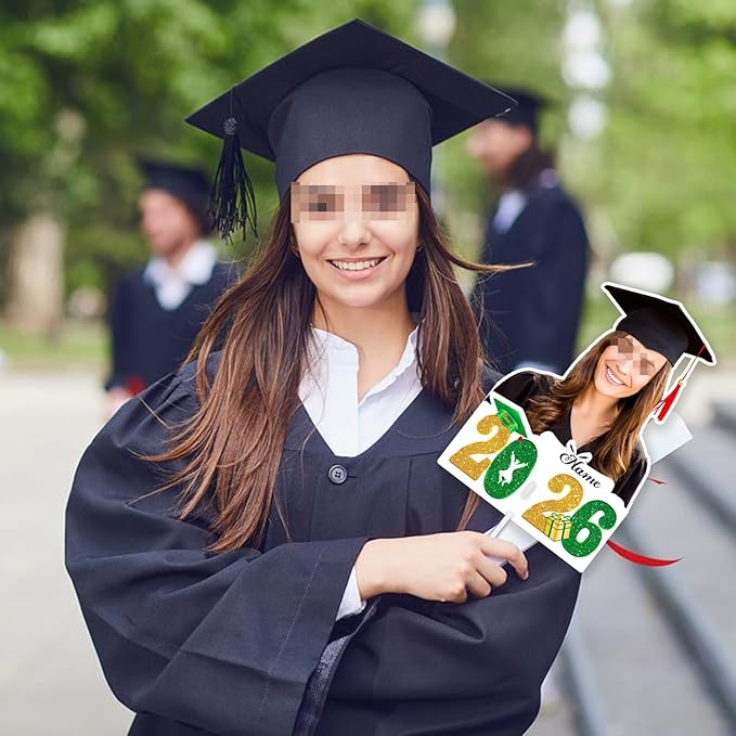 Personalized Graduation Face Fan 2026 Grade Custom Double Sided Face Cutout Fan with Handle Photo Booth Prop Party Supplies(B-Green and Gold,12pcs)