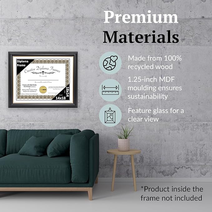Creative Picture Frames 14" x 18" Rockefeller Black with Gold Rim Diploma Frame, Displays 14" x 18" Certificate or 16" x 20" Document without Mat, College Degree Frame, Full-Strength Glass, White Mat
