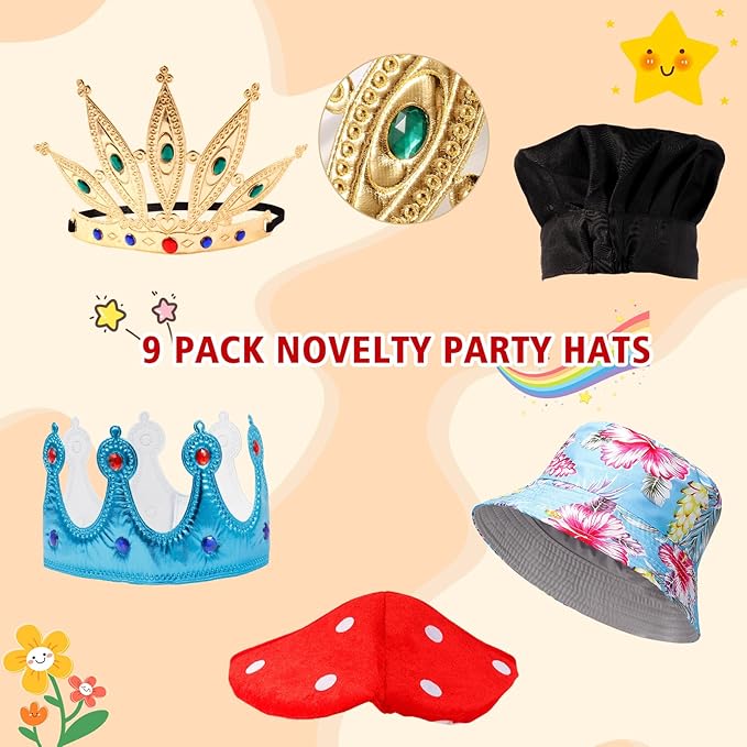 18 PCS Novelty Party Hats and Funny Glasses Pack for Photo Booth Props, 9 Assorted Funny Hats, 9 Fun Sunglasses Props, Crazy Party Hat, Fun Costume Hat Glasses Accessories for Adults