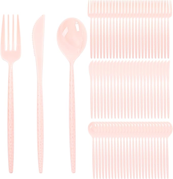 Supernal 360Pcs Pink Plastic Silverware,Heavy Duty Disposable Silverware,Hammered Disposable Cutlery,Pink Utensils Set Include 120 Knives,120 Forks and 120 Spoons Suitable for Wedding,Party&Birthday