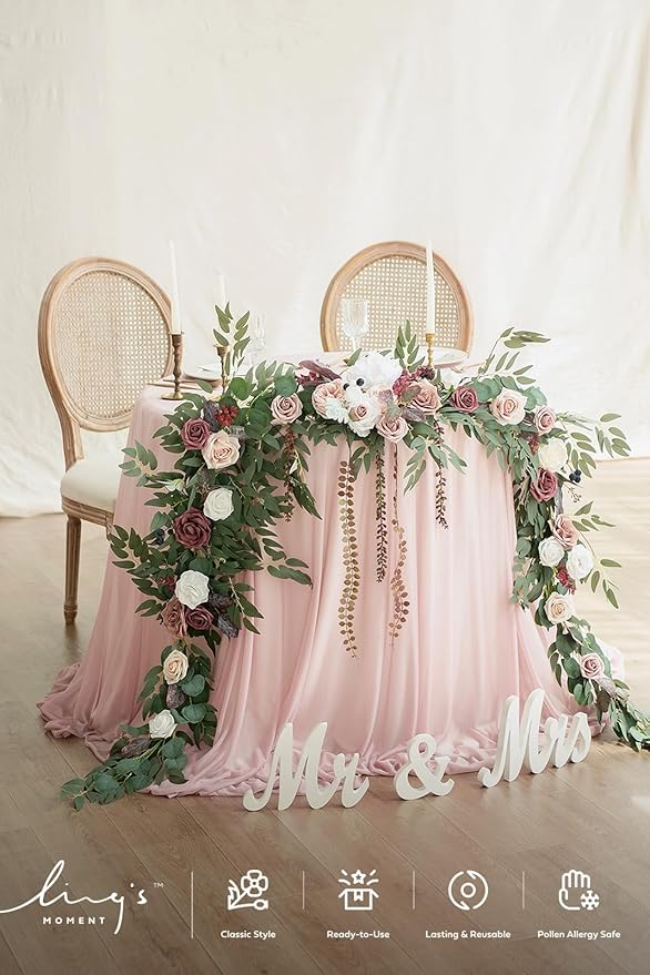 Ling's moment 9FT Eucalyptus and Willow Leaf Garland with White Flower, Handcrafted Wedding Sweetheart Table Centerpieces Head Table Decor Arch Backdrop Decorations for Wedding | Dusty Rose & Mauve