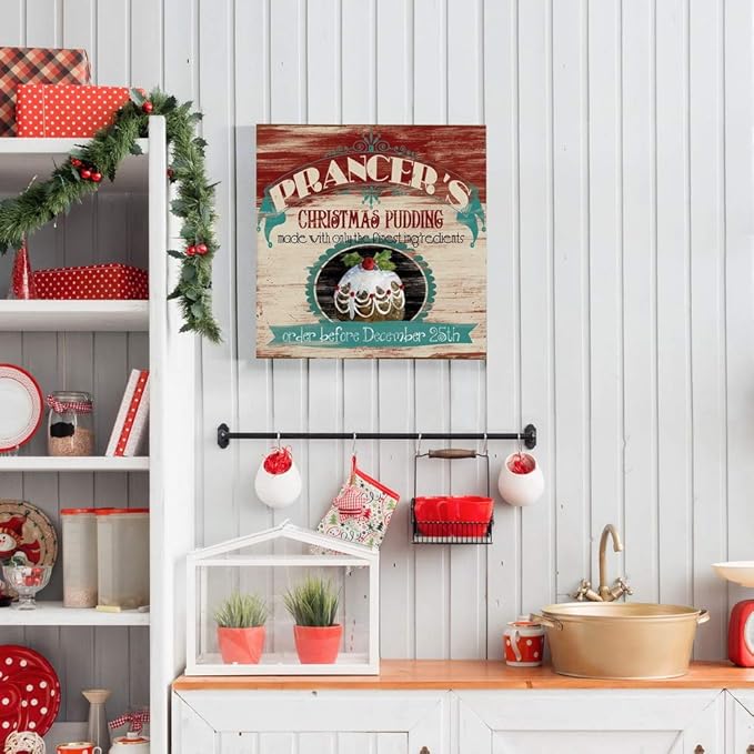 Renditions Gallery Prancer's Christmas Pudding Wall Art, Cute Winter Decor, Vintage Faux Wood Look, Festive, Premium Gallery Wrapped Canvas, Ready to Hang, 40 in H x 40 in W, Made in America