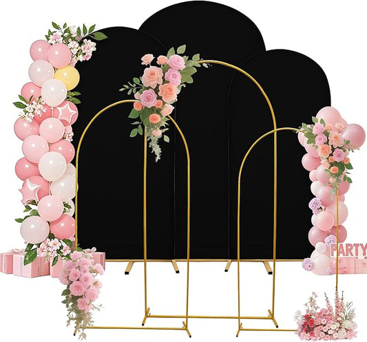 Metal Arch Stand with Spandex Covers, Set of 3, Wedding Party Decorations (Black, 7.2FT 6.6FT 6FT)