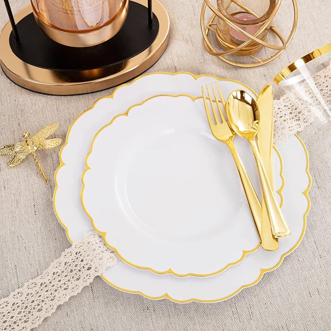 Morejoy 175PCS Gold Plastic Plates，White Gold Disposable Plates with Pre Rolled Napkins:25 Dinner Plates,25 Dessert Plates,25 Spoons,25 Forks,25Knives,25Cups,25Napkins for Party & Christmas