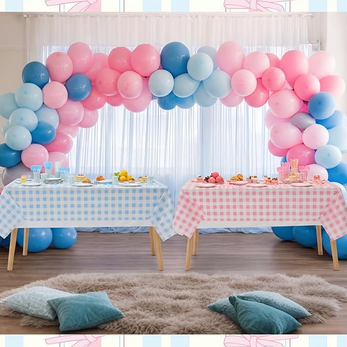 452 Pcs Gender Reveal Gingham Party Decoration for 50, Pink and Blue Gingham Checkered Paper Plates Napkins Cups Tablecloth Cutlery Straws for Gender Reveal Baby Shower Party Supplies
