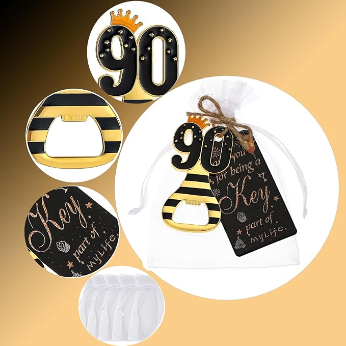 24pcs 90th Gold Keychain Bottle Opener 90th Birthday Party Favors, 90 Keychain Beer Bottle Opener Favors Anniversary Souvenirs Return Gifts for Guests Party Decor Supplies (black 90)