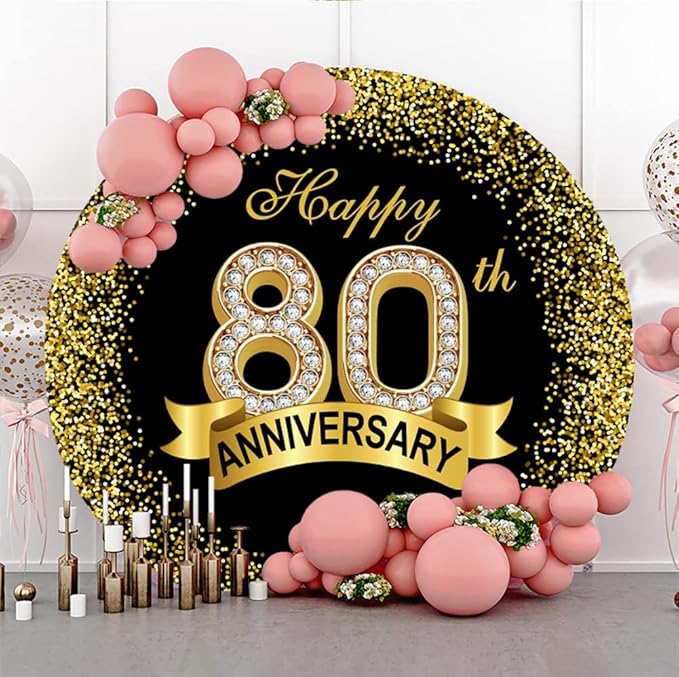 Happy 80th Anniversary Round Backdrop Cover 7.2x7.2ft Luxurious Black Gold Glitter Sequins Diamond 80 Photography Background Ribbon Sparkling Dots Grandparents Dinner Party Circle Arch Decor