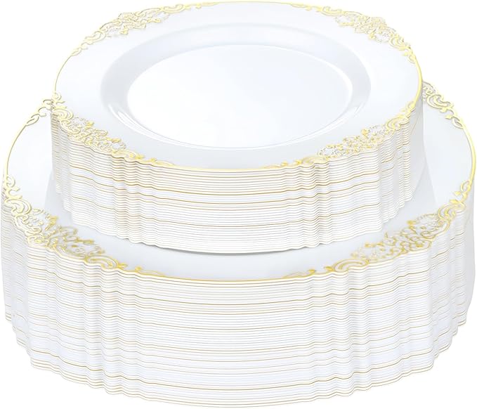 100 PCS White and Gold Plastic Plates for 50 Guests, Gold Disposable Plates Include 50 PCS Dinner Plates, 50 PCS Dessert Plates for Party, Wedding and Graduation