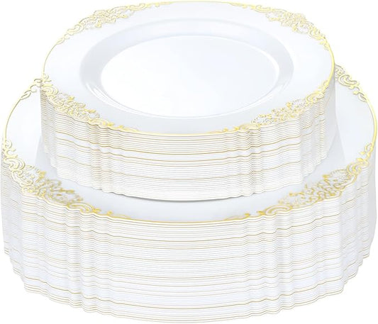 100 PCS White and Gold Plastic Plates for 50 Guests, Gold Disposable Plates Include 50 PCS Dinner Plates, 50 PCS Dessert Plates for Party, Wedding and Graduation
