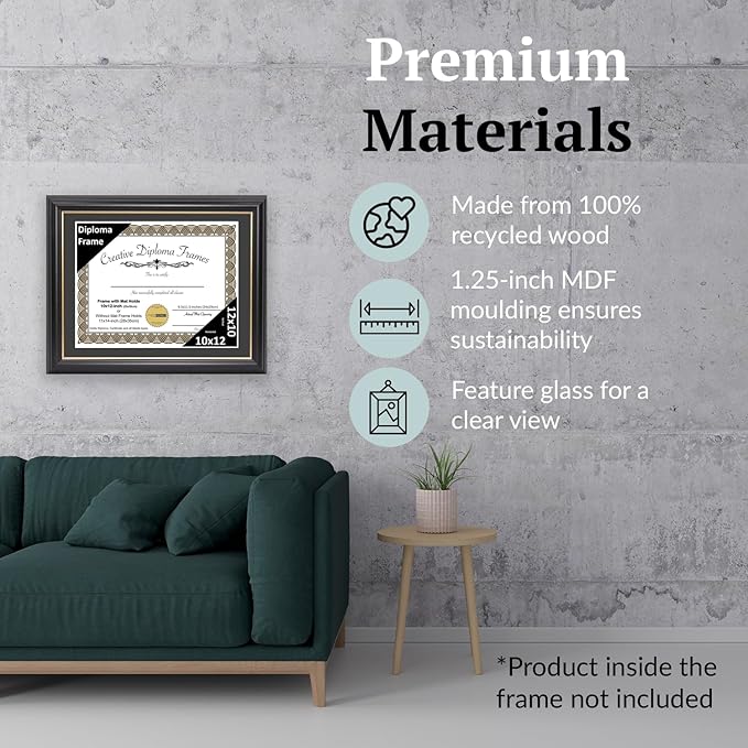 Creative Picture Frames 10" x 12" Rockefeller Black with Gold Rim Diploma Frame, Displays 10" x 12" Certificate or 11" x 14" Document without Mat, College Degree Frame, Full-Strength Glass, Black Mat