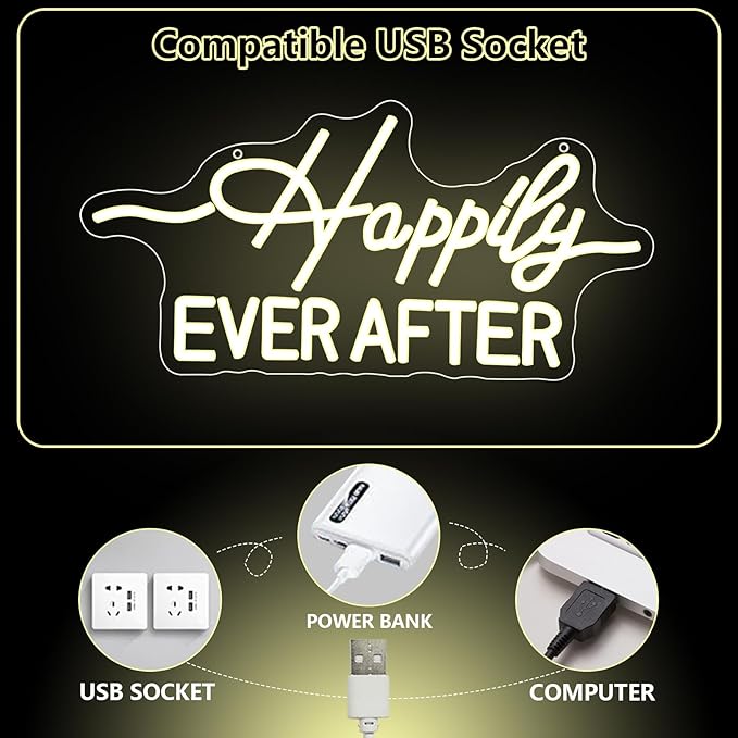 Happily Ever After LED Neon Light Sign, Wedding Neon Lights for Bachelorette Bridal Engagement Party Decoration Bridal Shower Wall Decor Valentine's Day Night Light Dimmable USB Powered(16.9"*7.9")