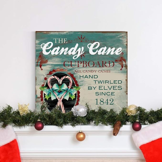 Renditions Gallery Candy Cane Cupboard Wall Art, Cute Christmas & Winter Decor, Vintage Faux Wood Look, Festive, Premium Gallery Wrapped Canvas, Ready to Hang, 40 in H x 40 in W, Made in America