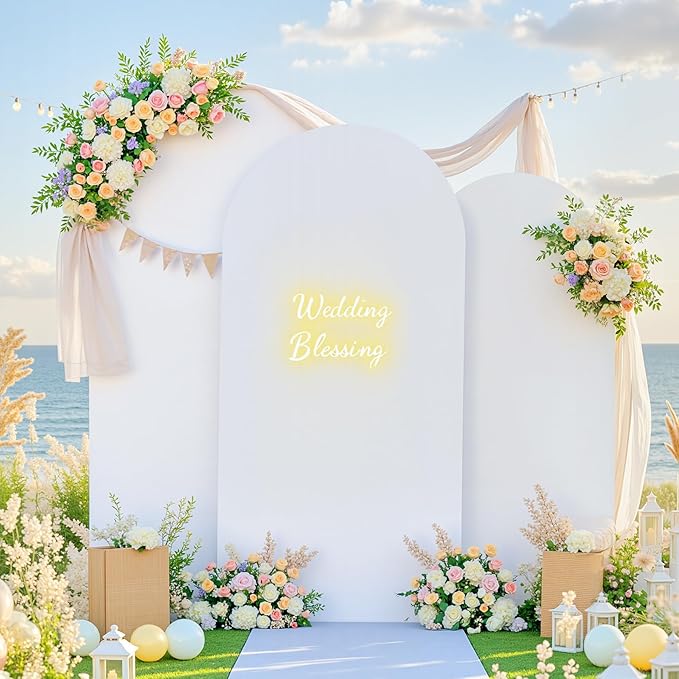 Pink and White Arch Backdrop Cover Set of 3 - Spandex Arch Covers 7.2FT 6.6FT 6FT Stretchy Fabric Backdrop for Wedding Ceremony, Bridal Baby Shower, Birthday Party, Photo Booth Background Decor