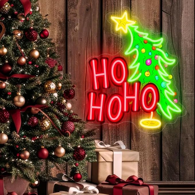 Merry Christmas Custom Neon Sign Wall Decor, HoHoHo Christmas Tree For Her, Personalized Gift USB Size:17x17inches