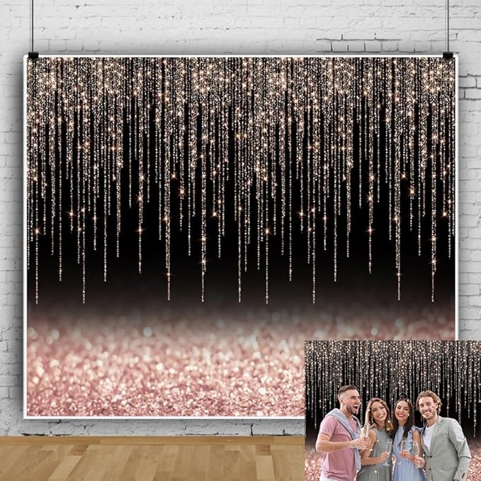 Black and Rose Gold Backdrop 12x10ft Glitter Photography Background for Girl Women Birthday Wedding Baby Shower Bridal Shower Graduation Backdrops Party Decoration Banner Photo Props