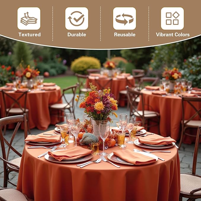 sancua Thanksgiving Round Tablecloth 108 Inch Diameter, 8 Pack Rust Circle Polyester Fabric Fall Table Cloth for Holiday Party Reception, Washable Table Cover Burnt Orange (Fit 42-96 Inch Tables)