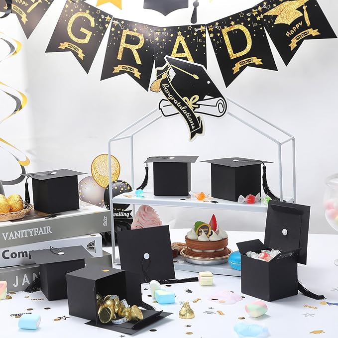 COTOPHER 100 Pcs Graduation Candy Boxes, Class of 2026 Graduation Cap Gift Boxes with Black Tassel, DIY Graduate Decoration Box for Ceremony Party Small Treat Chocolate Box