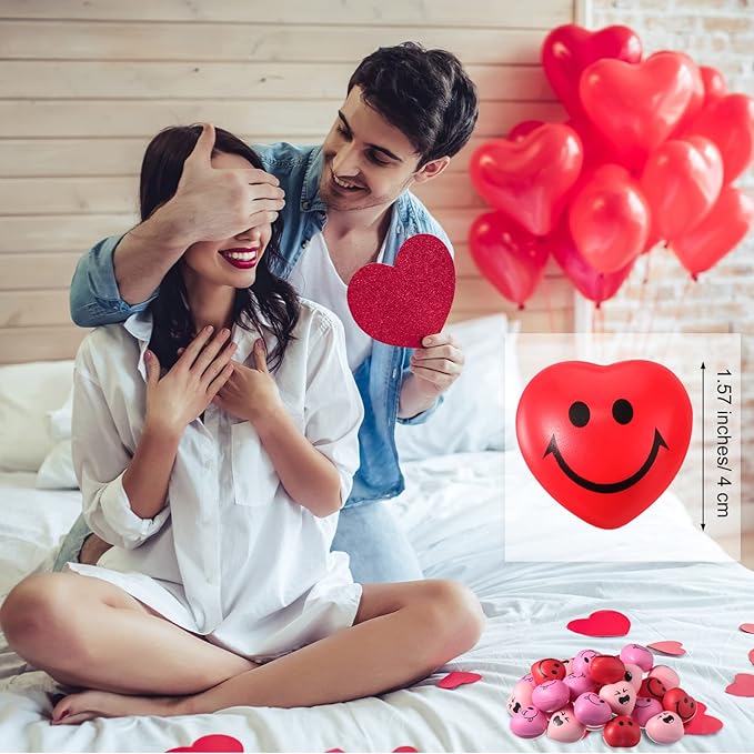 BBTO 150 Pcs Valentine's Day Stress Relief Balls 3 Styles Heart Smile Face Foam Balls Stress Relief Toys Party Favors for Teens Adults Student School Prizes Gift Bag Fillers (Red and Pink)