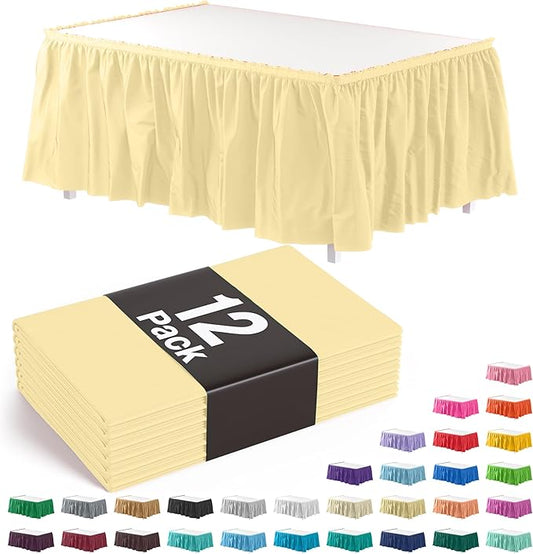 Exquisite Ruffle Table Skirt Light Yellow 12 Pack 14 Ft Long Table Skirts for Rectangle Tables 6ft Plus or Round Tables Skirts with Adhesive Strip for Gender Reveal Decor & Happy Birthday Parties